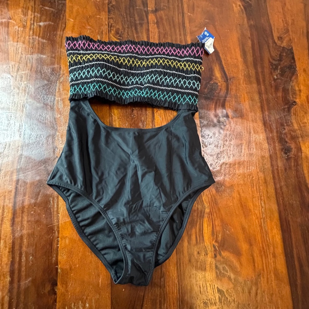 Arizona Jean Co Black Smocked Embroidered Cutout Monokini Swimsuit Womens Large